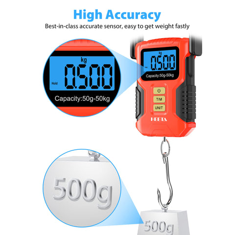 HEETA Waterproof Fishing Scale, Digital Fish Scale 110lb/50kg with Memory Function, Portable Hanging Luggage Scale with Fluorescent Button, 40” Ruler, Backlit LCD Display- Weight Scale