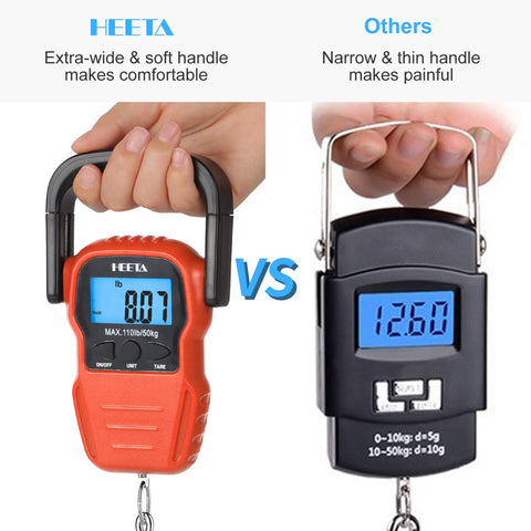 HEETA Fish Scale with Backlit LCD Display, Up to 110lb/50kg Digital Portable Hanging Fish Weight Scale with Hook & Measuring Tape for Home, Farm, Outdoor, Hunting, Fishing, 2 AAA Batteries Included