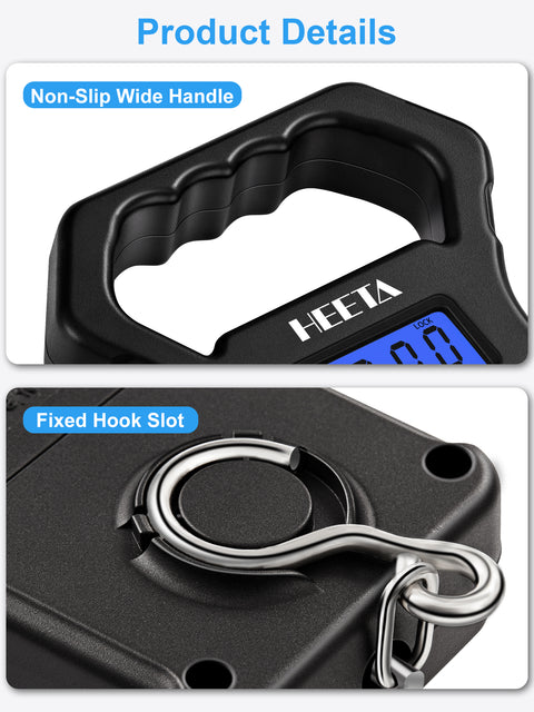 HEETA Fish Scale, 110lb/50kg Digital Portable Hanging Fishing Weight Scale with Backlit LCD Display, Luggage Scale with Hook & Non-Slip Large ABS Handle, 2 AAA Batteries Included, Fishing Gift for Men