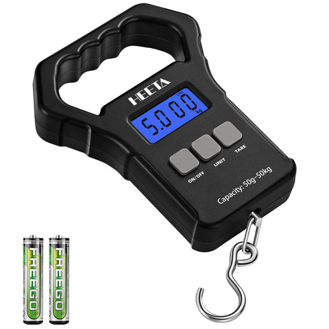 HEETA Fish Scale, 110lb/50kg Digital Portable Hanging Fishing Weight Scale with Backlit LCD Display, Luggage Scale with Hook & Non-Slip Large ABS Handle, 2 AAA Batteries Included, Fishing Gift for Men