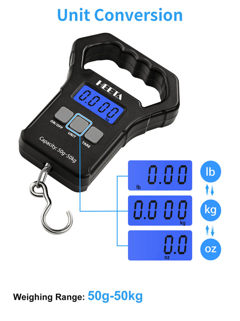 HEETA Fish Scale, 110lb/50kg Digital Portable Hanging Fishing Weight Scale with Backlit LCD Display, Luggage Scale with Hook & Non-Slip Large ABS Handle, 2 AAA Batteries Included, Fishing Gift for Men