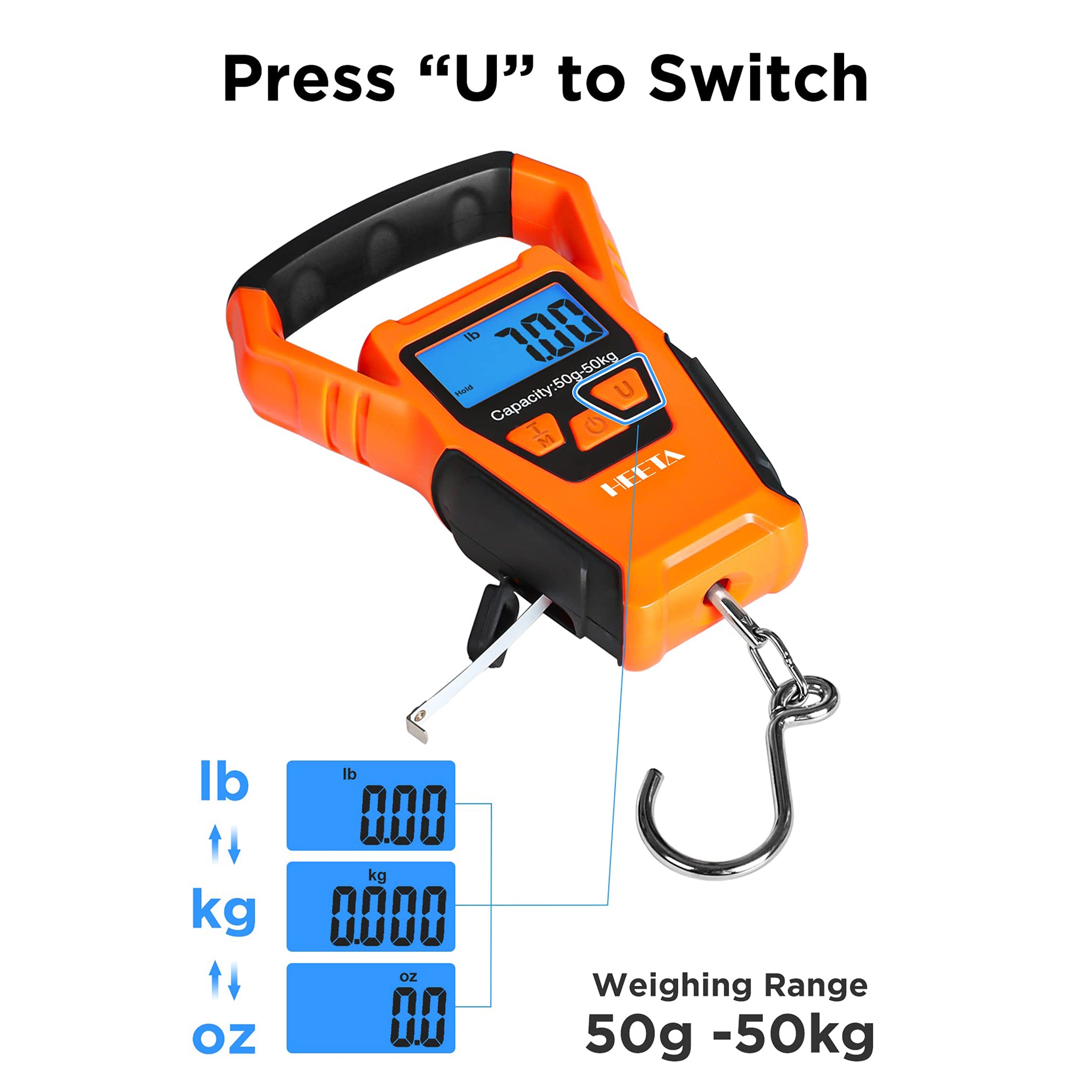 HEETA Waterproof Fish Scale Digital with Backlit LCD Display, 110lb/50 ...