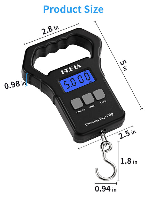 HEETA Fish Scale, 110lb/50kg Digital Portable Hanging Fishing Weight Scale with Backlit LCD Display, Luggage Scale with Hook & Non-Slip Large ABS Handle, 2 AAA Batteries Included, Fishing Gift for Men