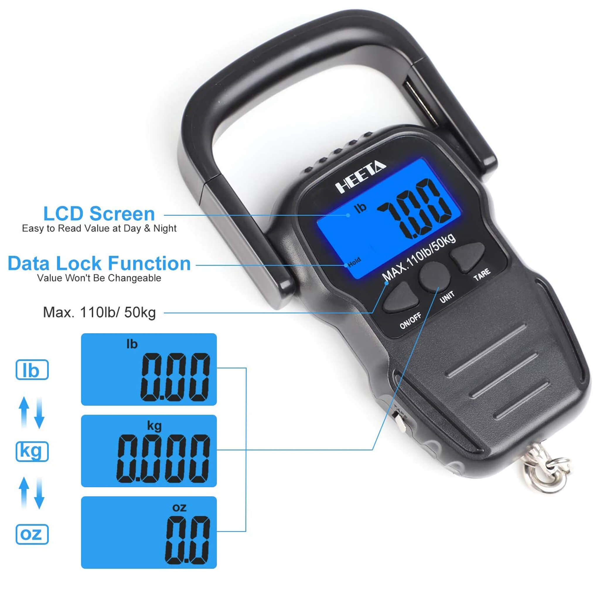 HEETA Fish Scale with Backlit LCD Display, Up to 110lb/50kg Digital Po ...